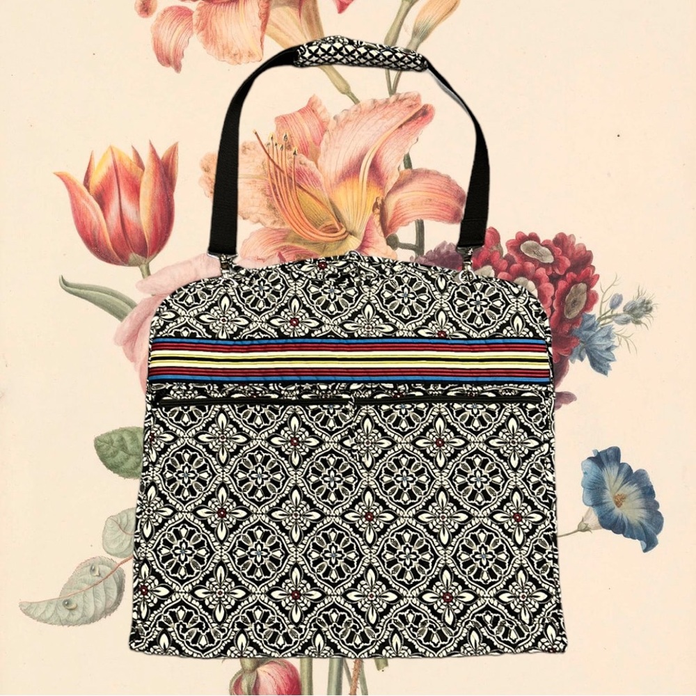 Vera Bradley Barcelona Garment Travel Bag Black White Floral Stripes Excellent